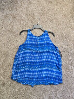 Zac & Rachel Blue Ikat Print Double Layer Swing Top Size M NWT